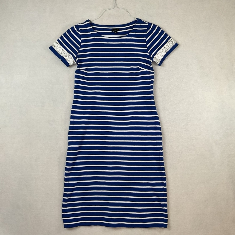 Talbots Dress Womens XS Royal Blue White Stripes Short Sleeves Lace Knit Sheath
